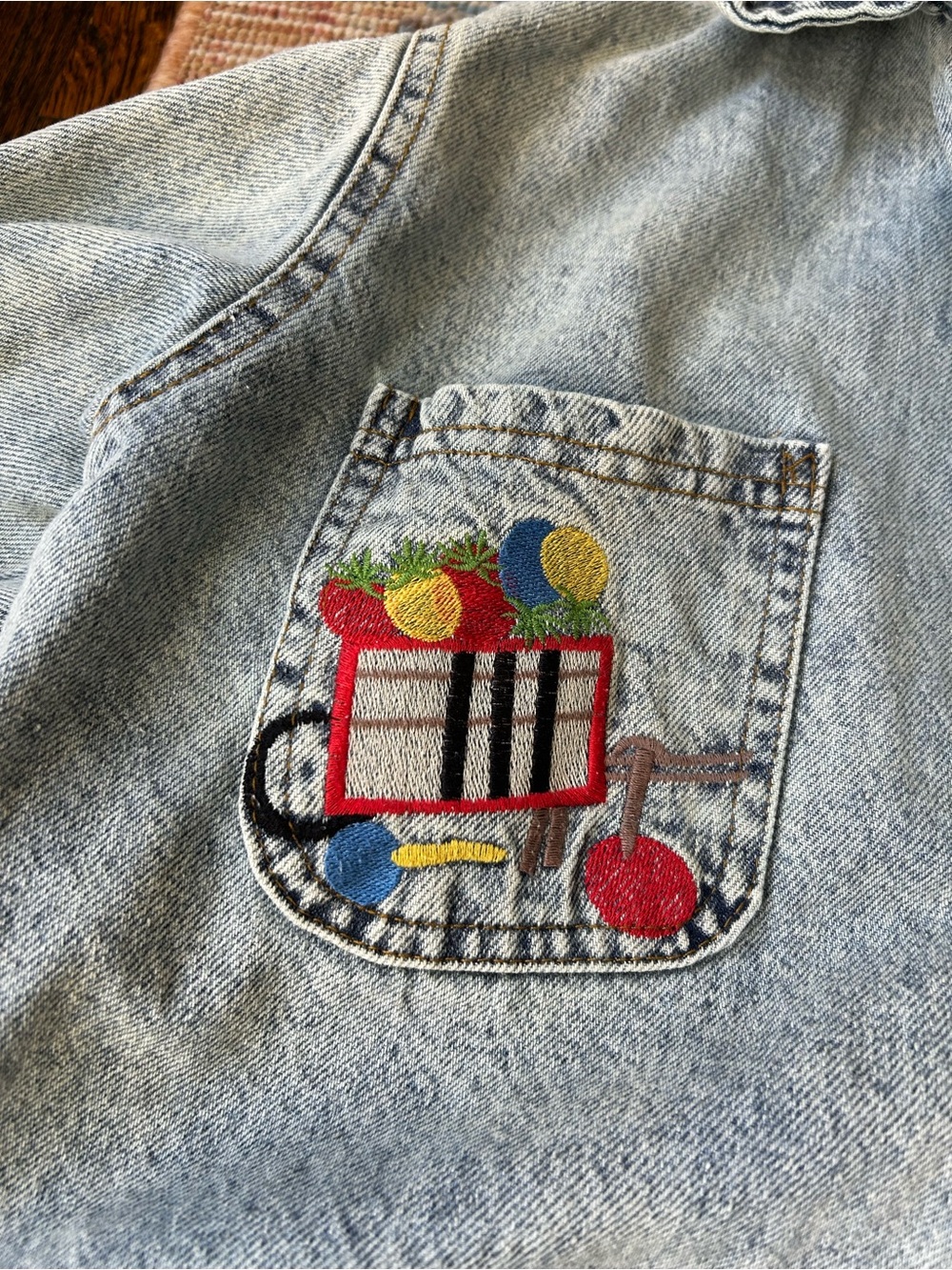 Denim Women's Embroidered Jacket - Light Blue with Colorful Pockets - Picture 6 of 9